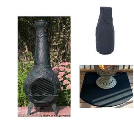QBC Bundled Blue Rooster Grape Wood Burning Chiminea Antique Green Color with Large Cover and Half Round Flexible Fire Resistant Chiminea Pads - Plus Free QBC Metal Chiminea Guide