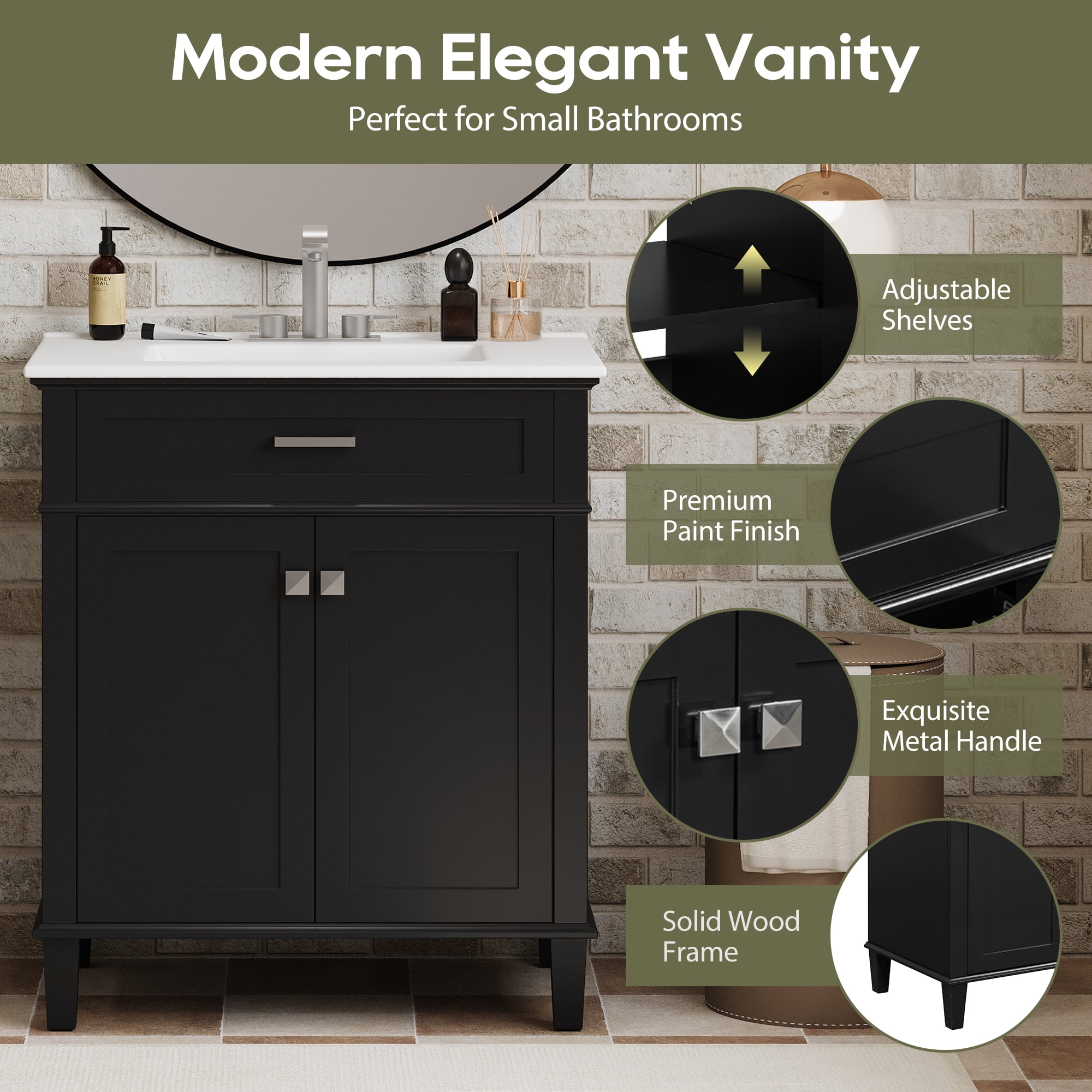 Euroco 30-inch bathroom vanity with ceramic basin, soft close door and adjustable shelves