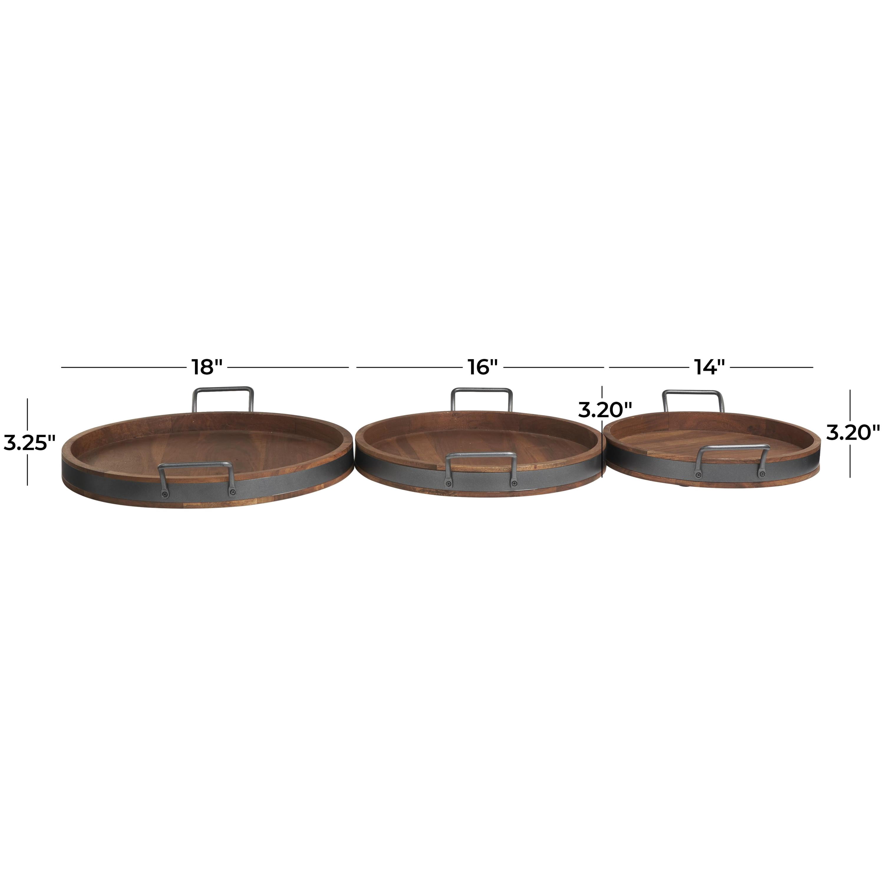 DecMode 22", 19", 18"W Brown Wood Nesting Tray with Black Metal Handles, 3-Pieces