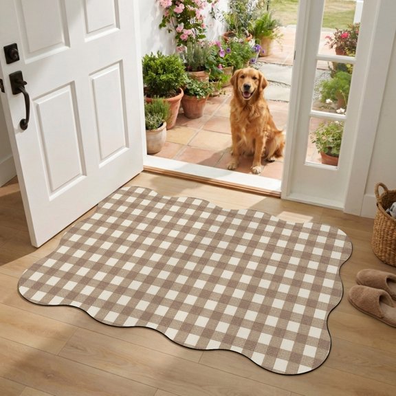 Brown Buffalo Plaid Diatomaceous Earth Bath Mat, Minimalist Gingham Check Retro Linen Texture Scalloped Non-Slip Quick Dry Door Mat Super Absorbent Bath Rug for Bathroom Kitchen Laundry 16x24in