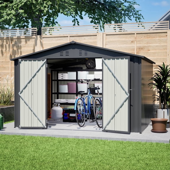 Bullenfity 10x8 ft Metal Storage Shed with Floor Frame, Lockable Double Doors and Vents, Black