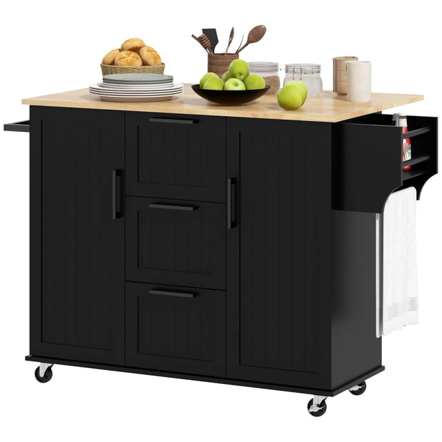 Black Rolling Kitchen Island Cart with Drop Leaf & Storage - 3 Drawers, Spice Rack, Towel Rack, 52” x 17.7” x 36” - Kitchen & Dining Furniture