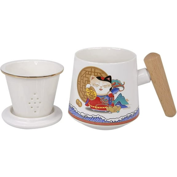 Amruta Lucky Cat Mug, Tea Cup with Infuser and Handle, 15oz Ceramic Mug Set with Lid and Wood Handle, Great for Everyday Use Steeping Loose Leaf Tea and Tea Infusions