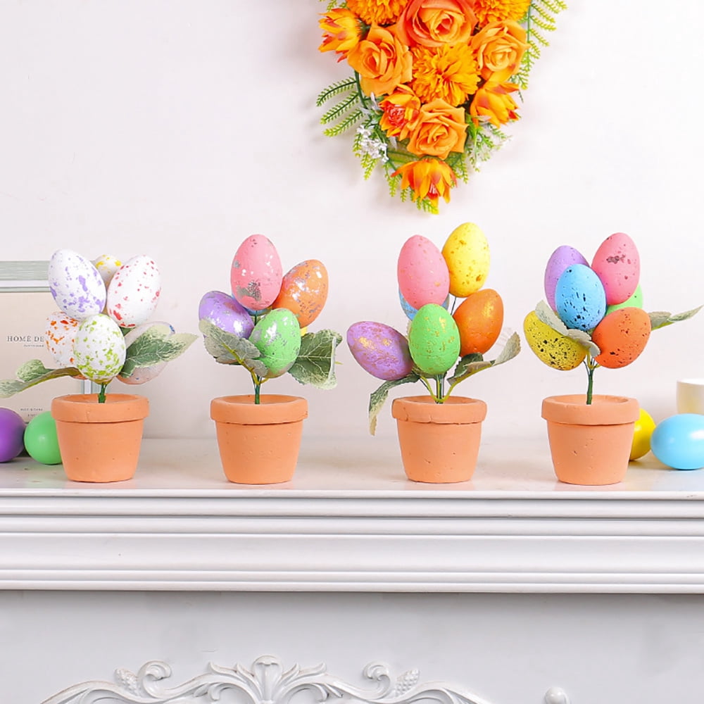 6pcs/set Easter Colorful Eggs Potted Plants Cartoon Printing Eggs Easter Desktop Decoration Decoration