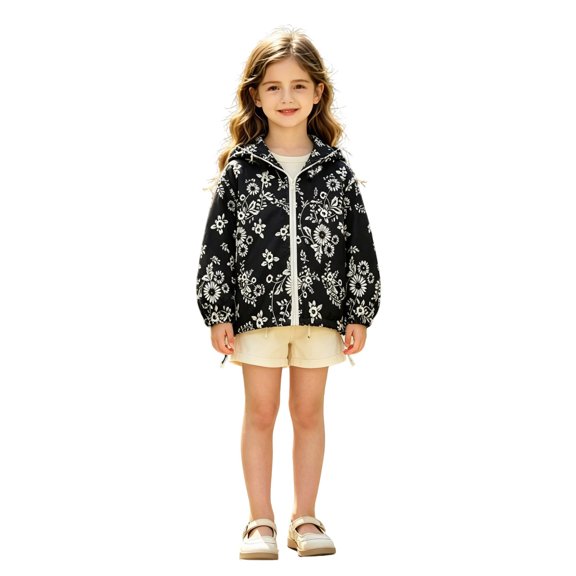 Girls Floral Embroidery Lightweight Hooded Sun Protection Jacket, Full Zip Long Sleeve Casual Thin Windbreaker for Kids Autumn Daily Outdoor Wear(Navy,2-3 Years)