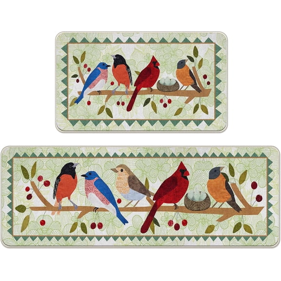 Spring Birds Green Kitchen Rugs Set of 2, Vintage Cardinal Bluebird Robin Bullfinch Hooded Oriole Branch Kitchen Mats Decor, Nest Flowers Floor Door Mat Home Decorations - 17x29 and 17x47 Inch