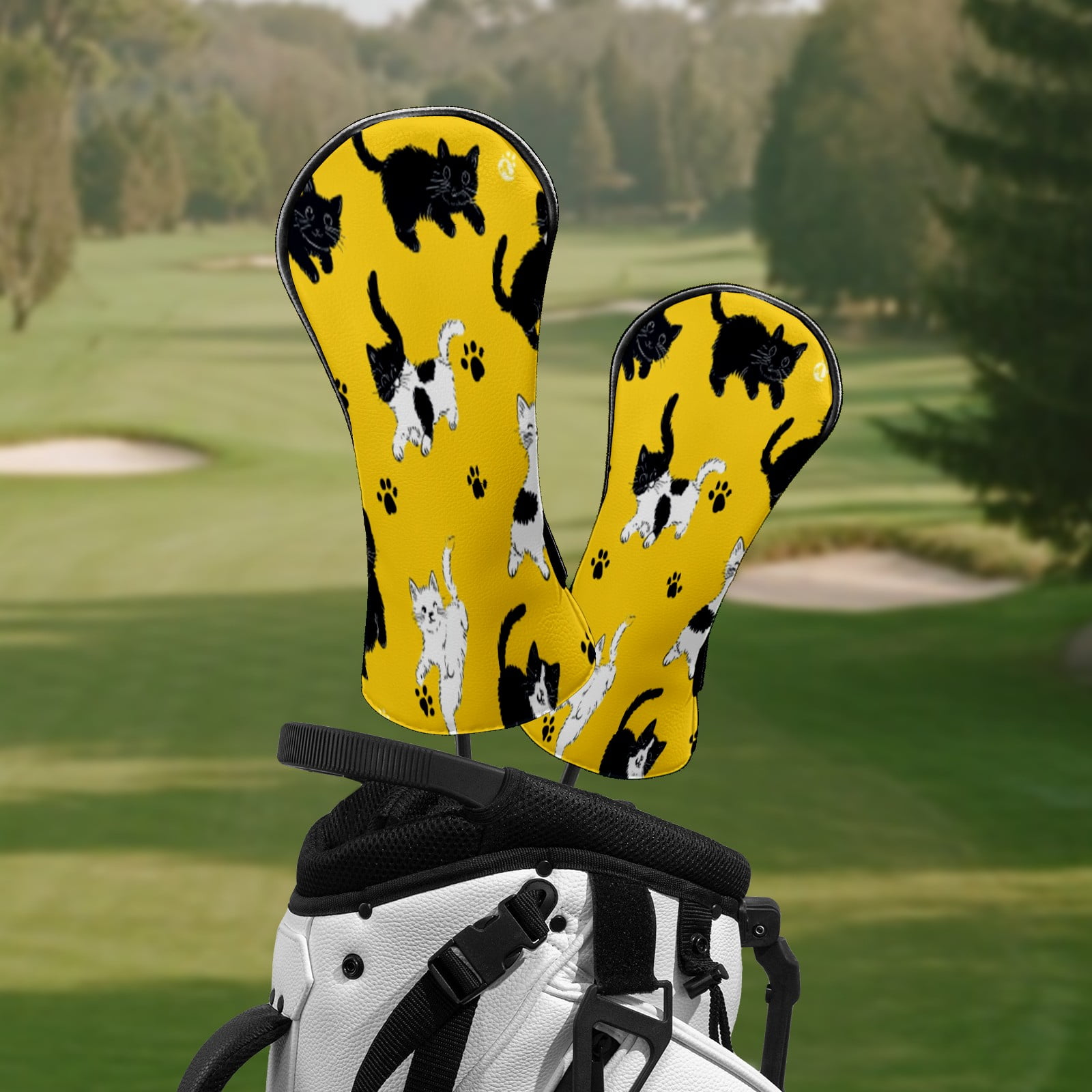Golf Head Covers for Woods and Driver Waterproof Leather Golf Club Head Covers for Women Men Golf Driver Fairway Wood Headcover Black-White Cat & Paw Pattern