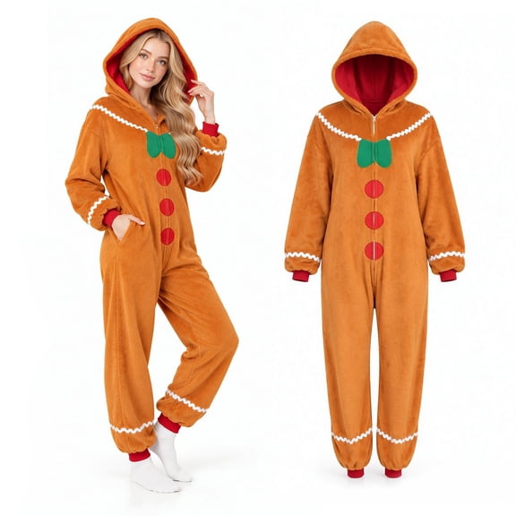 GOBWCOT Christmas Gingerbread Man Costume Onesie Pajamas for Adults, One-piece Hooded Cookie Loungewear for Xmas Party Holiday
