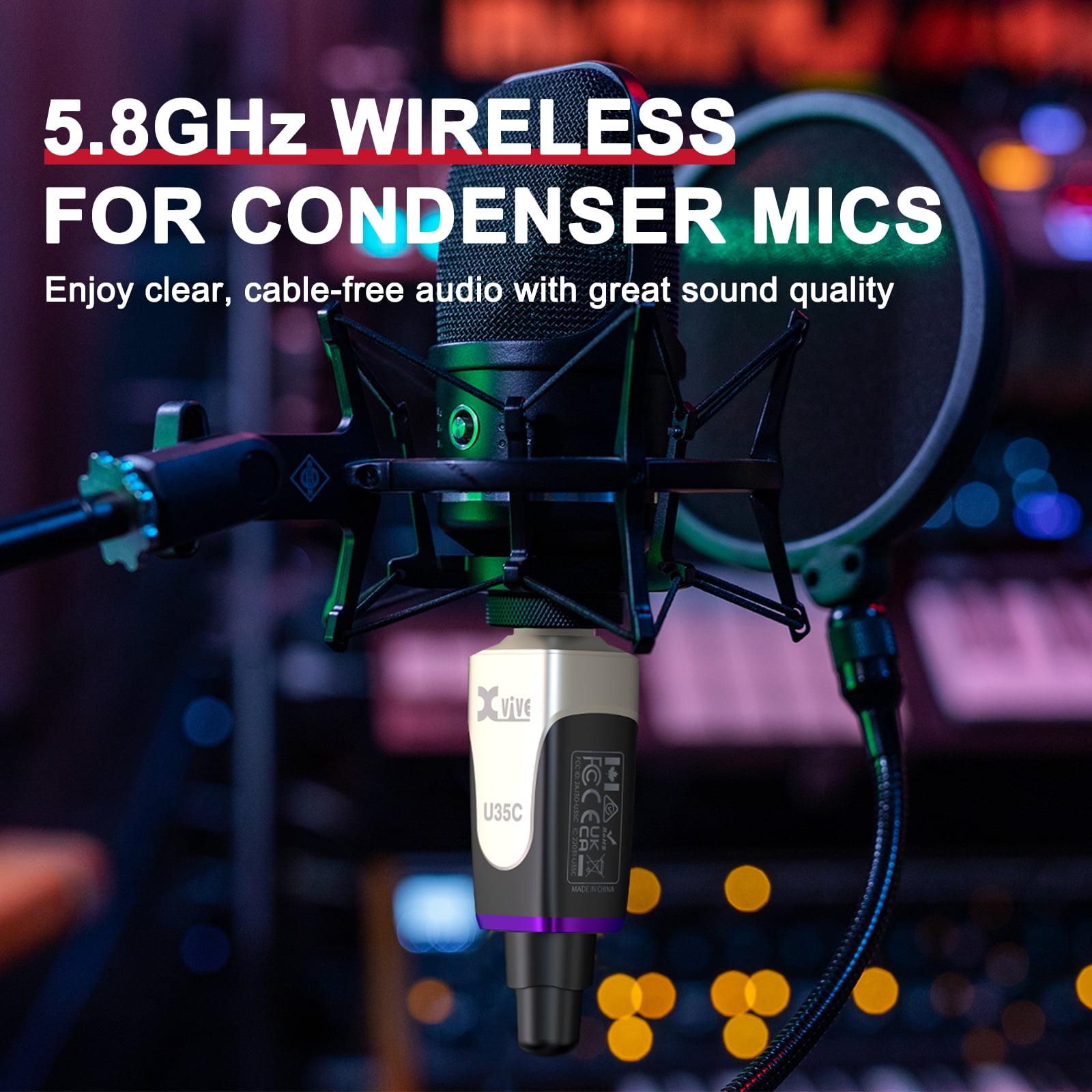 Xvive U35C XLR Plug-on Wireless System for Condenser Microphone with 48V/12V Phantom Power (5.8GHz)