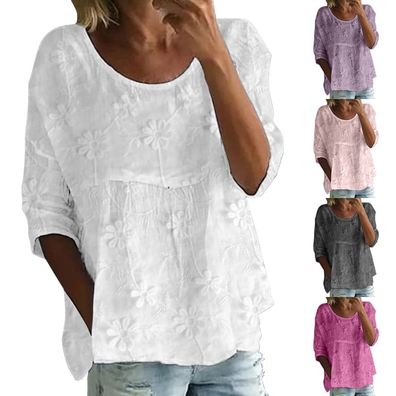 Women's Summer Boho Floral 3/4 Sleeve Top Flowy Casual Loose Cute Plus Size Pleated Blouse Shirts by Yigetop Dark Gray L