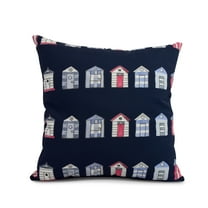 Simply Daisy, 26 x 26 inch, Multi Beach Hut, Stripe Print Pillow, Navy