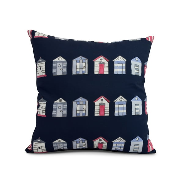 Simply Daisy, 26 x 26 inch, Multi Beach Hut, Stripe Print Pillow, Navy