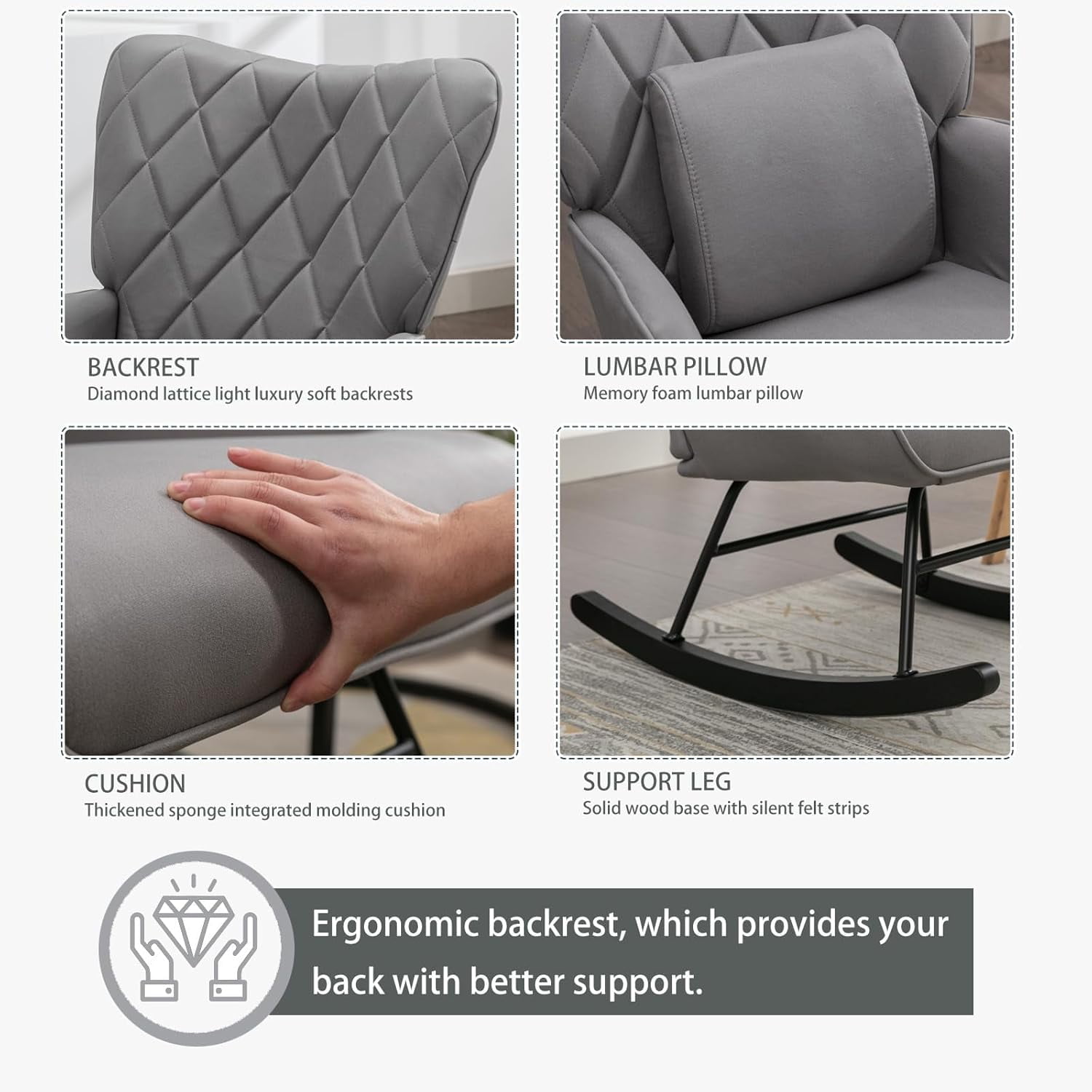 AIWOEN Modern Upholstered Rocking Chair with Ottoman – High Back Glider for Nursery, Living Room, or Bedroom – Comfortable Armchair with Lumbar Support & Sturdy Wood Rockers (Grey Fabric)