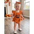 thumbnail image 4 of RUINIXCW Newborn Baby Girl Halloween Outfit Summer Fall Bubble Romper Overalls Devil Grimace Bows Ribbed Flying Sleeve Bodysuit Playsuit Headband 2 Pcs Set, 4 of 9