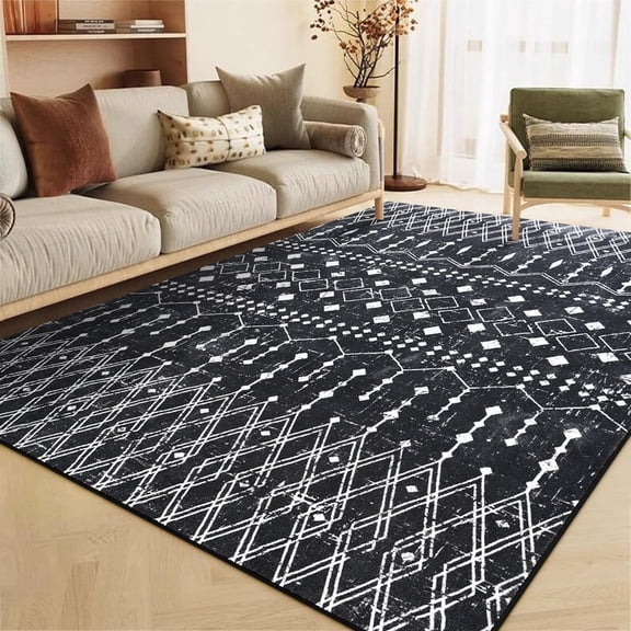 Junovo 4'x6'Black Washable Non-Slip Low Pile Moroccan Geometric Area Rug for Living Room