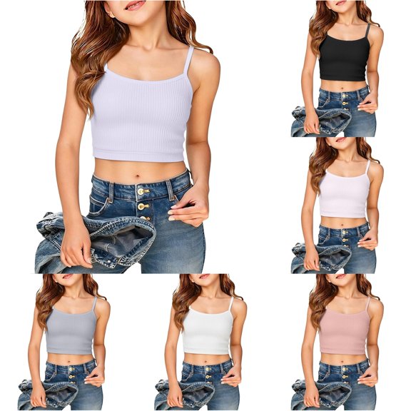 lnmuld Girls Adjustable Strap Ribbed Knit Crop Cami Tank Top Back to School Layering Casual Camisole 11-12 Years,Light Purple