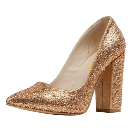 FSJ Women Chic Sparkly Rhinestone Studded Pointed Closed Toe Pumps Chunky Block High Heel Slip On Wedding Party Formal Shoes Size 10.5 Rose Gold