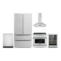 5 Piece Kitchen Package with 36" Freestanding Gas Range 36" Island Range Hood 24" Built-in Fully Integrated Dishwasher Energy Star French Door Refrigerator & 48 Bottle Wine Refrigerator