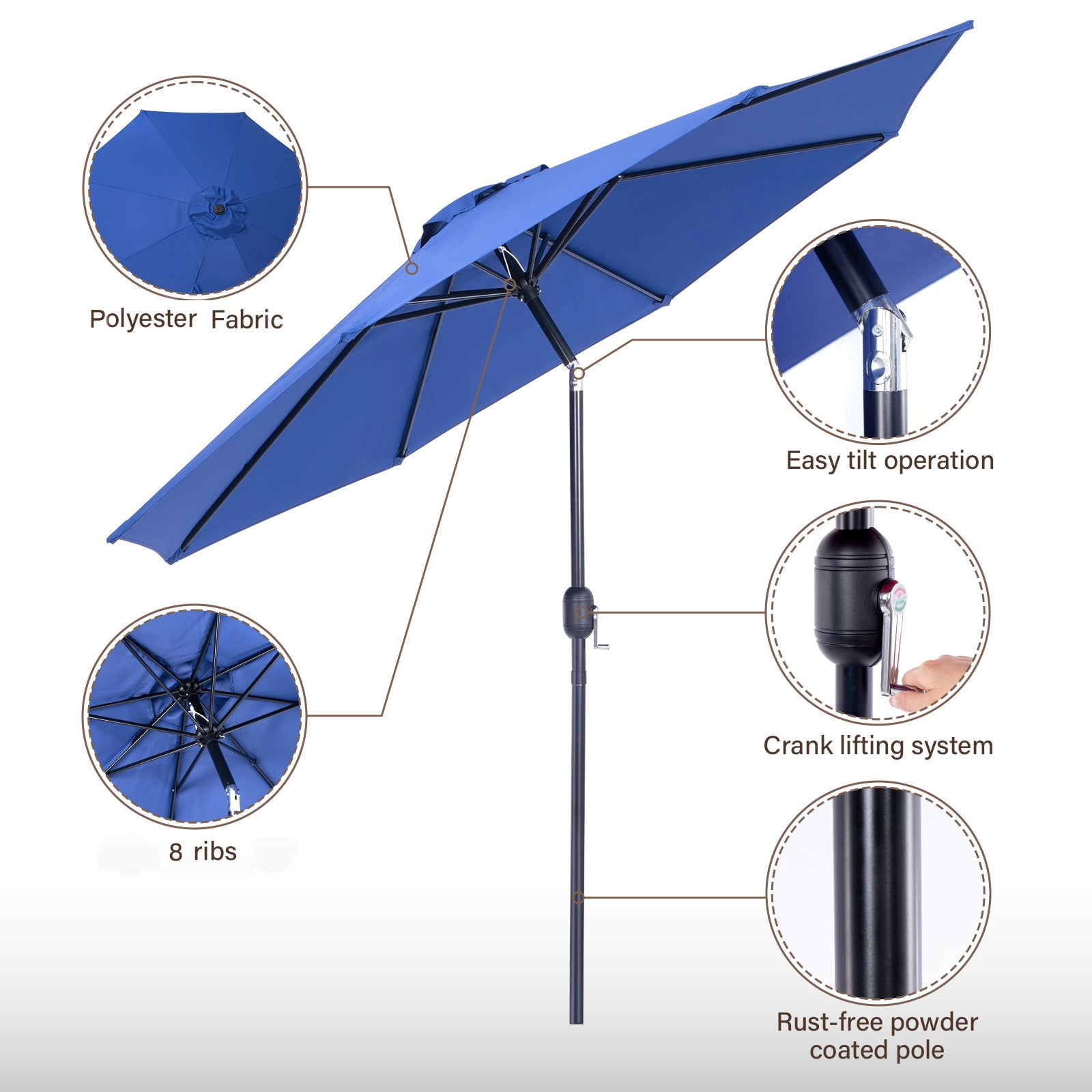 Backyard Expressions 9 ft Market Patio Umbrella UV Resistant Canopy with 8 Rib Support Frame and Push Button Tilt and Crank Lift Blue