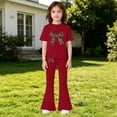 thumbnail image 2 of UACY Girls Fashion Clothes Leopard Bow 2 Piece Outfits Kids Cute Clothing Sets Short Sleeve T Shirt Matching Flare Pants Set (Wine, 1-2 Years), 2 of 5
