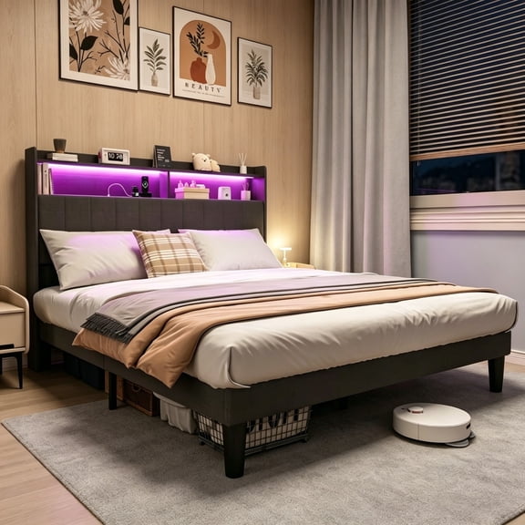 Asofer Queen Upholstered Platform Bed Frame, Linen Bed with RGB LED & USB-C Charging Headboard, Dark Gray