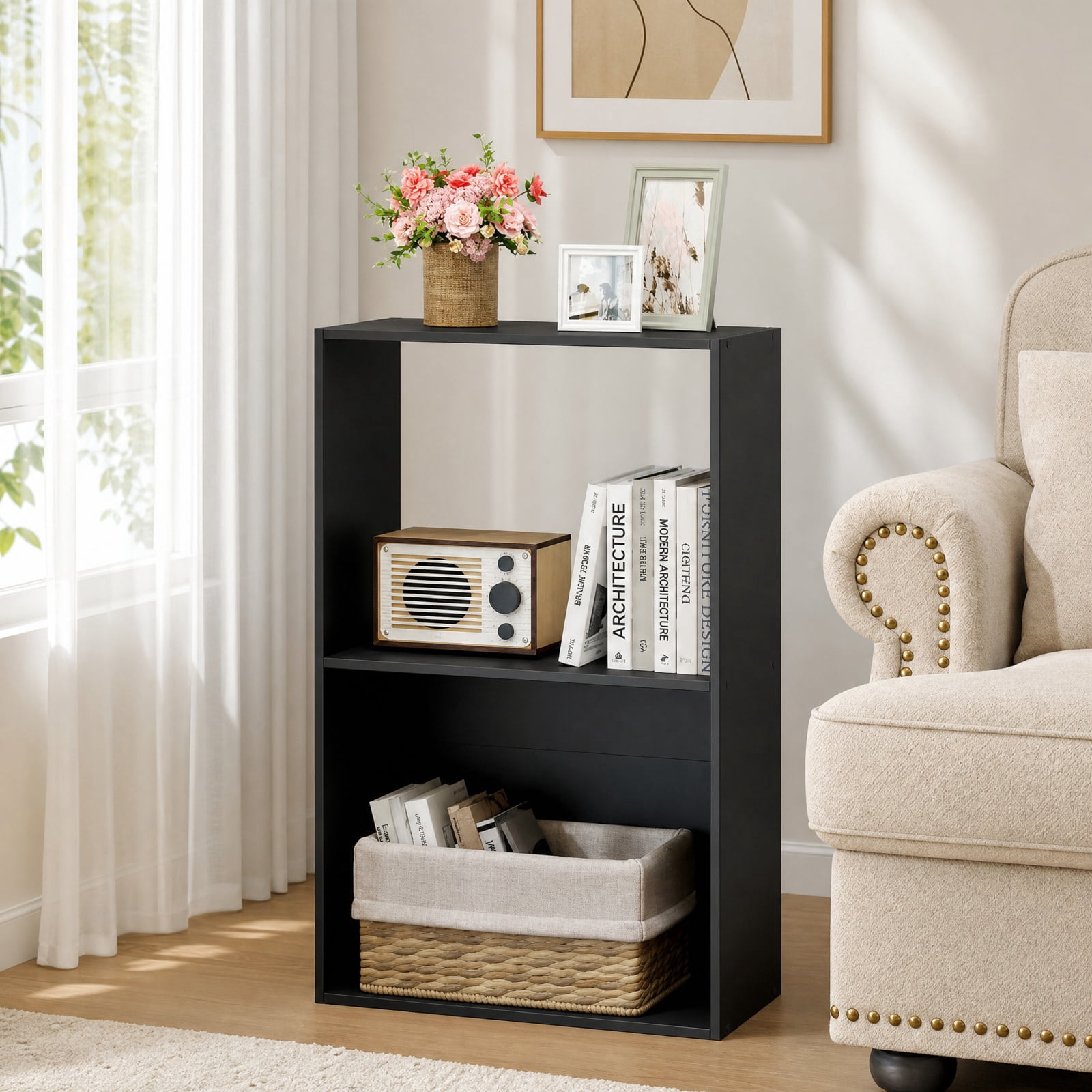 Furnibear Set of 2 3-Tier Freestanding Bookshelf with Open Storage Compartment and Display Shelf for Home Office and Study, Black