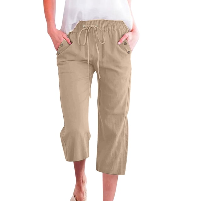 Pantalon Ample en Lin Uni pour Femmes, 7/8, avec Poches