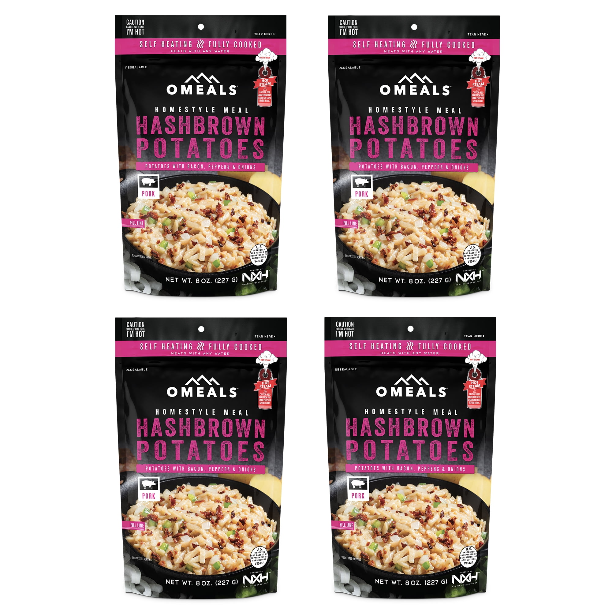 OMEALS 4 Pack of Hashbrown Potatoes w/Bacon, Onions & PeppersMRE