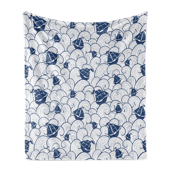 Nautical Soft Flannel Fleece Throw Blanket, Ship on Marine Spiral Waves Cruising Boat on Ocean Journey Sea Illustration, Cozy Plush for Indoor and Outdoor Use, 60" x 80", Blue and White, by Ambesonne
