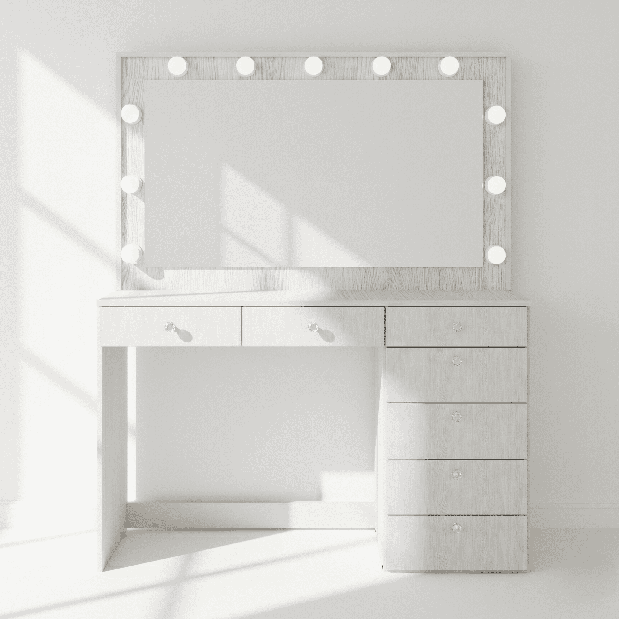 Ember Interiors Peggy Modern Large Greige Vanity Desk with Lighted Mirror, 7 Drawers, Power Outlet with USB Type-C and Crystal Knobs