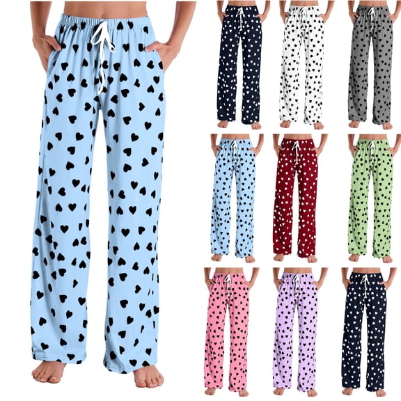 YHAJDS Womens Pajamas Pants Heart Print Elastic Waist Long Loungewear Trousers Indoor Daily Relaxation Sleepwear