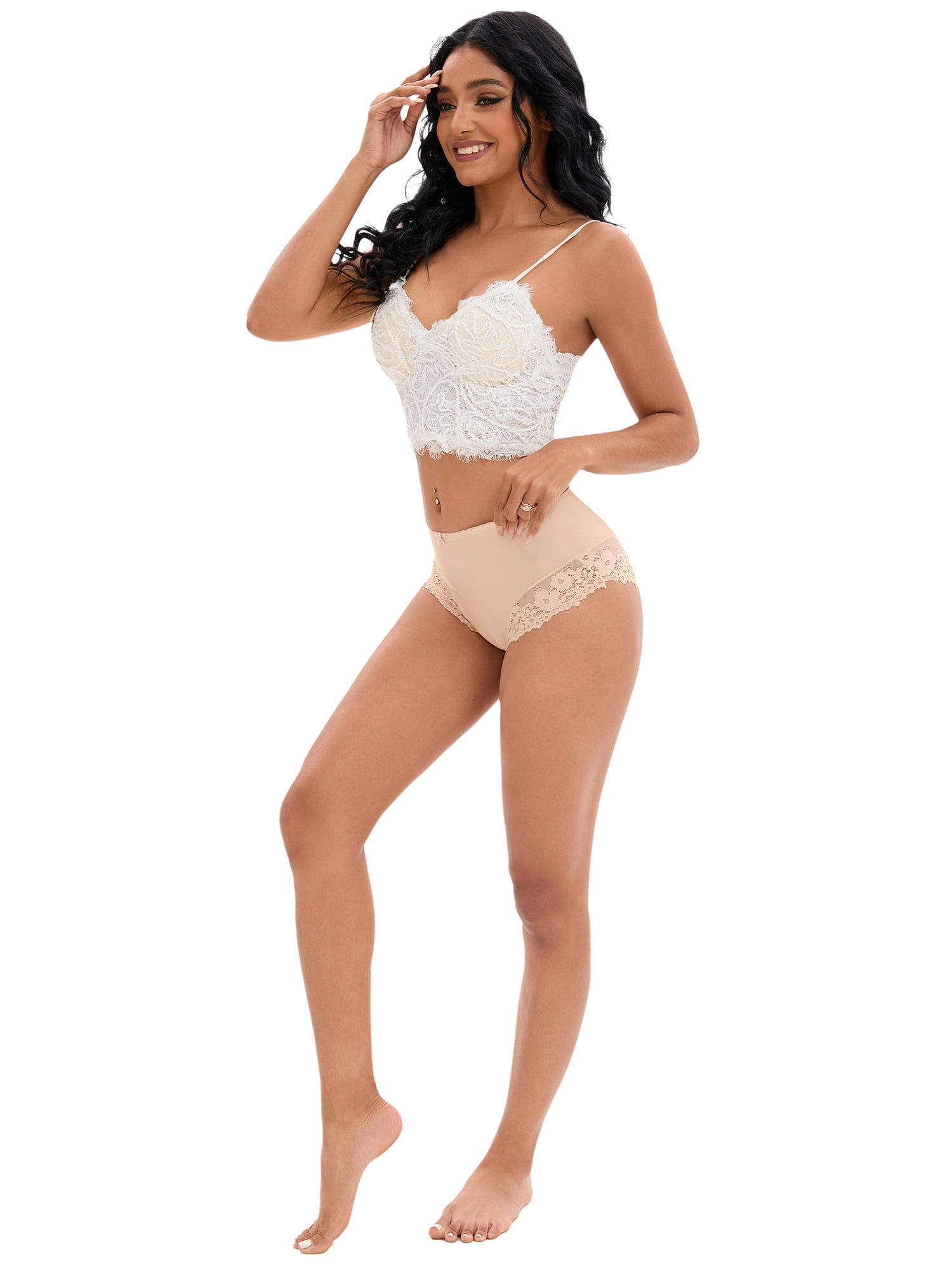 DARING DIVA Women's Lace Underwear Mid-Waisted Briefs Full Coverage Panties L Beige