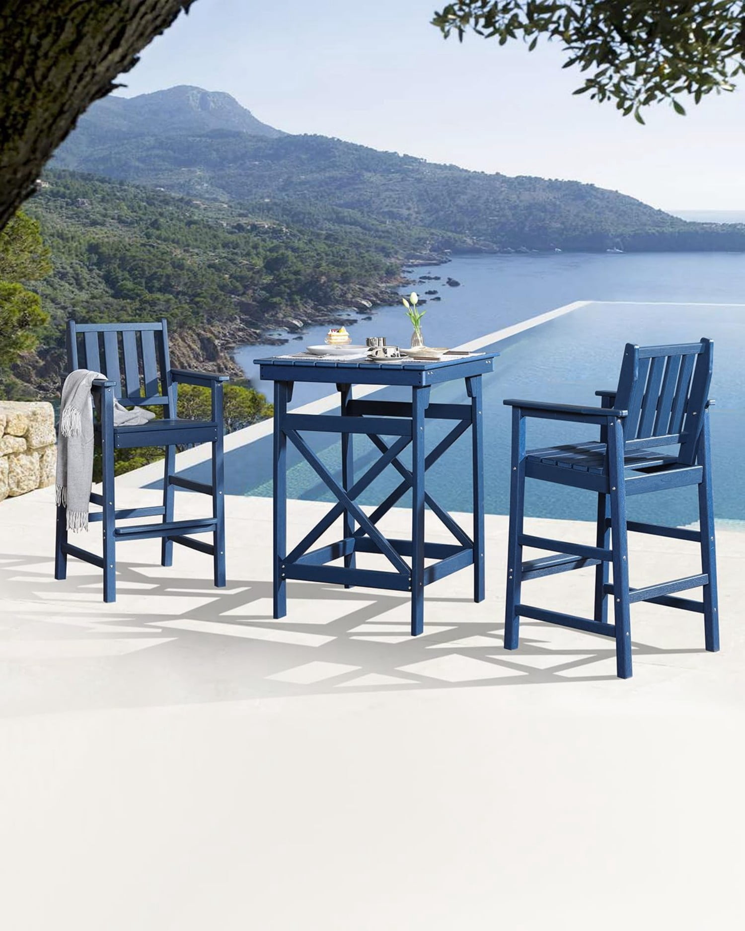 3-Piece Adirondack Bar Table Set, HDPE Outdoor Bar Height Chairs and Table Set, All Weather Patio Bar Furniture for Balcony, Porch, Garden, Poolside, Navy