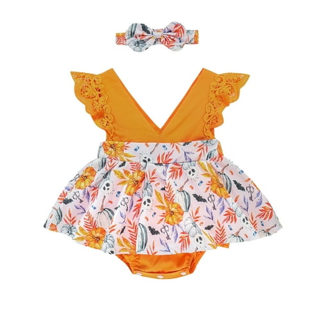 

Ehfomius Girl’s Pumpkin Printed Hem Flounce Fly Sleeve Romper and Headband