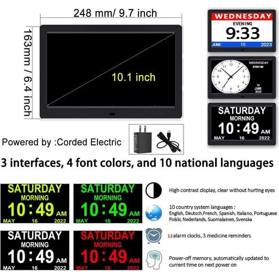 Digital Calendar Alarm Clock for Elderly with 10.1in Large Display, 3UI Modes, Dementia Friendly
