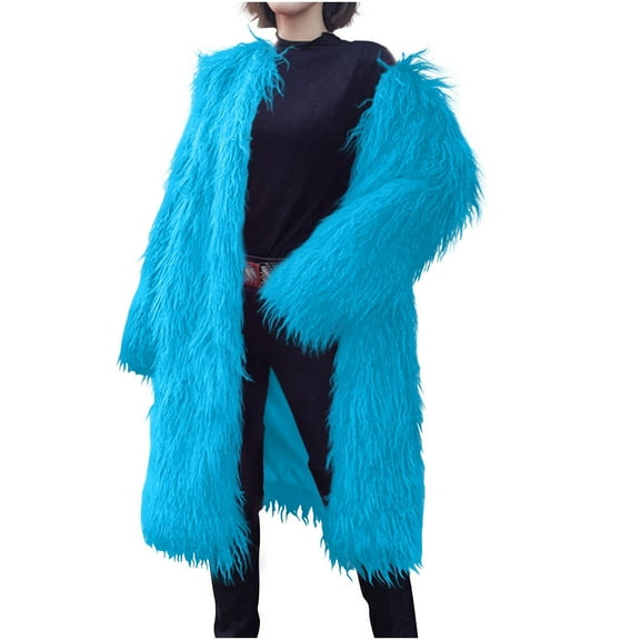 Idoravan Winter Fur Coats for Women Faux Women's Winter Solid Color Casual Extended Warm Jacket Sky Blue L
