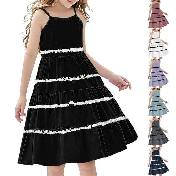 Eltusu Girls Casual Dresses, Sleeveless Crew Neck Striped Summer Kids Clothes Black Size 7-8 T