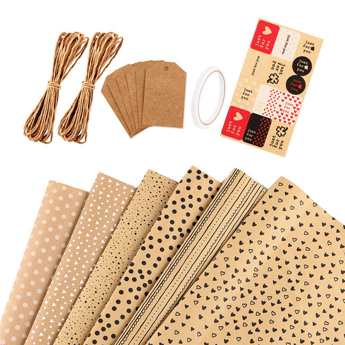 Kraft ,Birthday Wrapping Paper,24 Sheets Kraft Brown Wrapping Paper with Tags Strings Sticker,24 x wrapping paper 8 x rope 24 x tag 4 x double-sided tape 4 x sticker,brown