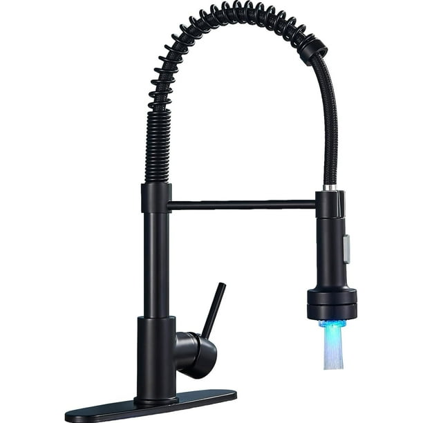 LED Negro cepillado Palanca única Grifo de cocina 360° Gire Arco alto Mezclador de agua caliente y fría Grifos comerciales Mezclador de fregadero de para uso doméstico con rociador extraíble