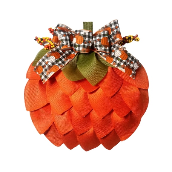 Artificial Fabric Pumpkin Hanging Decor with Plaid Bow Petals, Fall Halloween Thanksgiving Front Door Wall Decor White