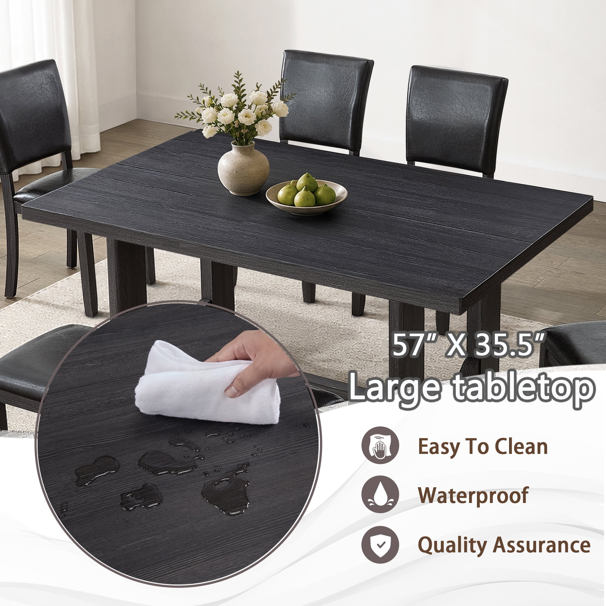 6-Piece Dining Table Set for 6, 57" Wood Rectangular Kitchen Table with 4 PU Leather Chairs & Bench