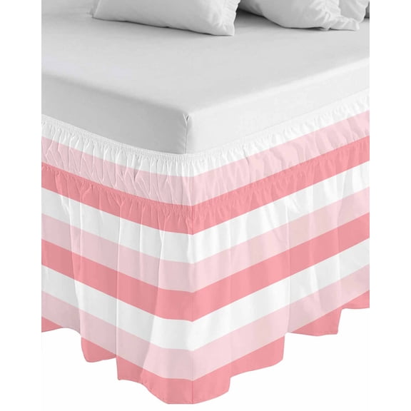 Pink White Striped Wrap Around Bed Skirts for King Bed 16" Drop, Bed Skirt with Adjustable Elastic Belt Dust Ruffle Bed Valance for Bedroom Hotel Luxury Farmhouse Stripes Bed Frame Cover