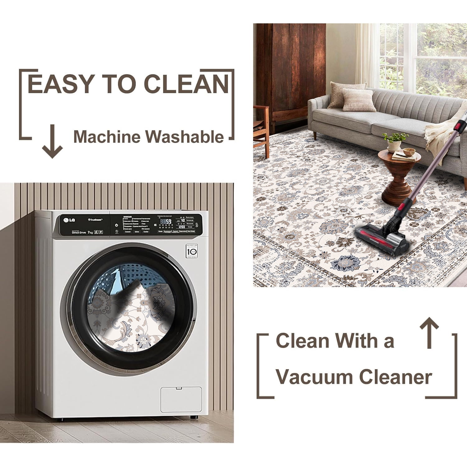 Yoneston 6' x 9' Vintage Bohemia Area Rug Machine Washable Bedroom Rug Soft Non-Slip with Printed Kitchen Mat for Living Room Playroom Dining Room Decoration, Creamy White