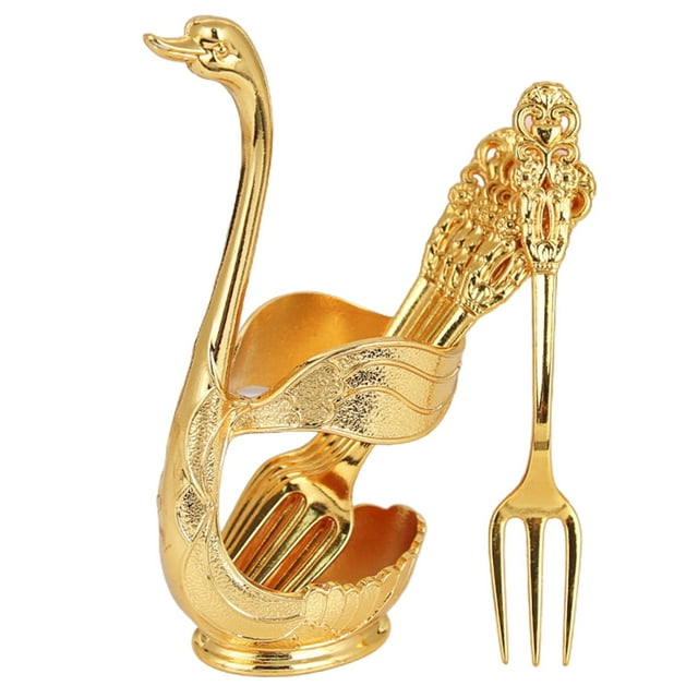 BUYISI Gold Creative Dinnerware Set Decorative Swan Base Holder With 6 Spoons Forks For Coffee Fruit Dessert Stirring Mixing Teaspoon B