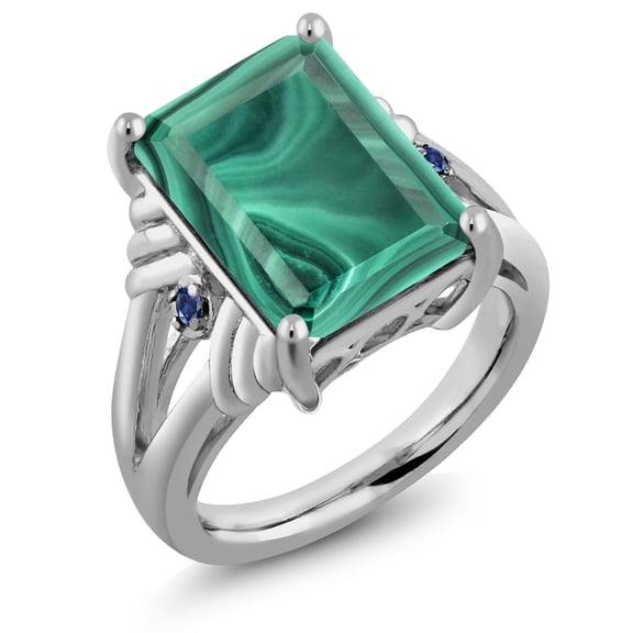Gem Stone King 925 Sterling Silver Green Malachite and Blue Created Sapphire Engagement Ring for Women (10.04 Cttw, Gemstone Birthstone, Emerald Cut 14X10MM, Size 5)