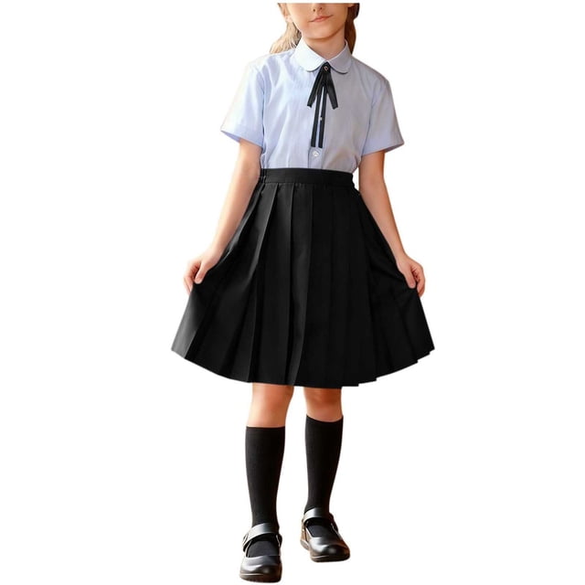 Odeerbi Niñas 3 Piezas Preppy Vestido de Manga Corta Camisa de Vestido A Rayas y Falda Plisada Conjunto de Uniforme Escolar Con Corbata