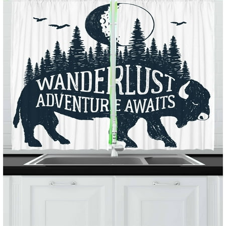 Indigo Bedroom Ideas Adventure Curtains 2 Panels Set, Hand Drawn Buffalo with Wanderlust Lettering Forest and Moon Journey Theme Print, Window Drapes for Living Room Bedroom, 55W X 39L Inches, Indigo, by Ambesonne ()