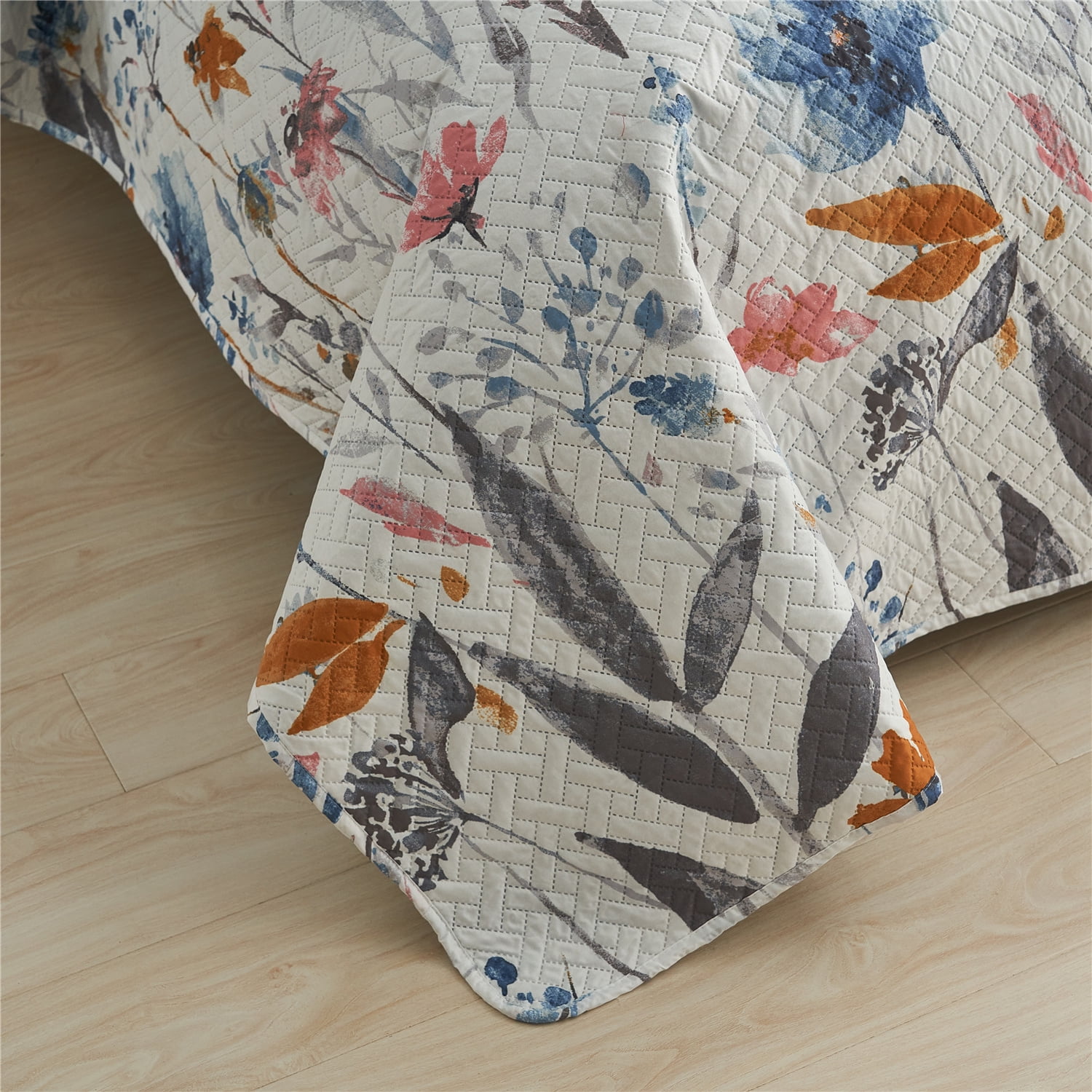 JML 3 Piece Quilt Set King Size,Lightweight Microfiber Bedspread Coverlet,Blue Pink Floral