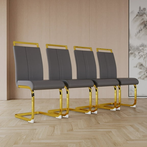 Set of 4 Modern Dining Chairs, Light Grey PU Faux Leather Upholstered Chair with Gloden Glossy Chromed Legs for Dining Room & Office