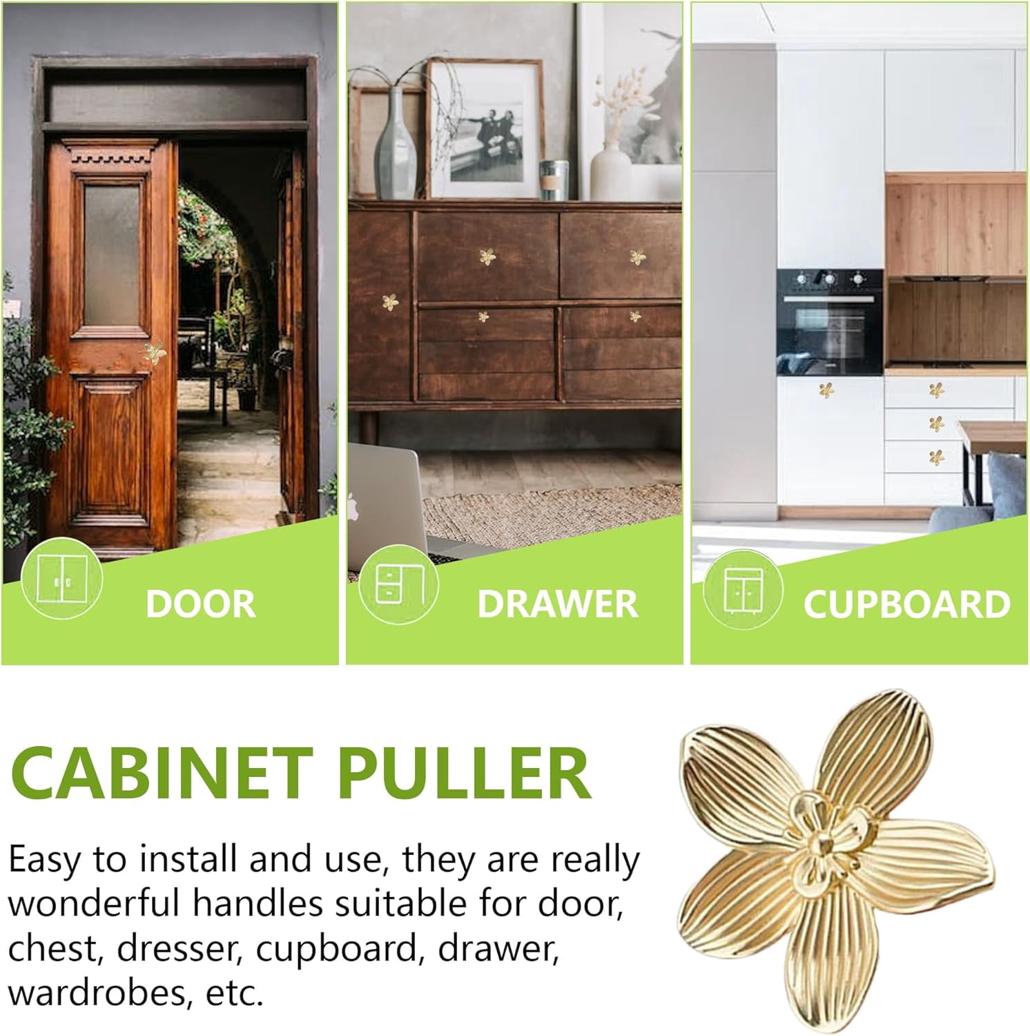 Gold Flower Dresser Knobs: 6PCS Cabinet Door Handle Knobs, Dresser Cupboard Drawers Closet Pulls, Brushed Gold Flowers Brass Decor Accessories Old Fashioned, Unique Furniture Knobs